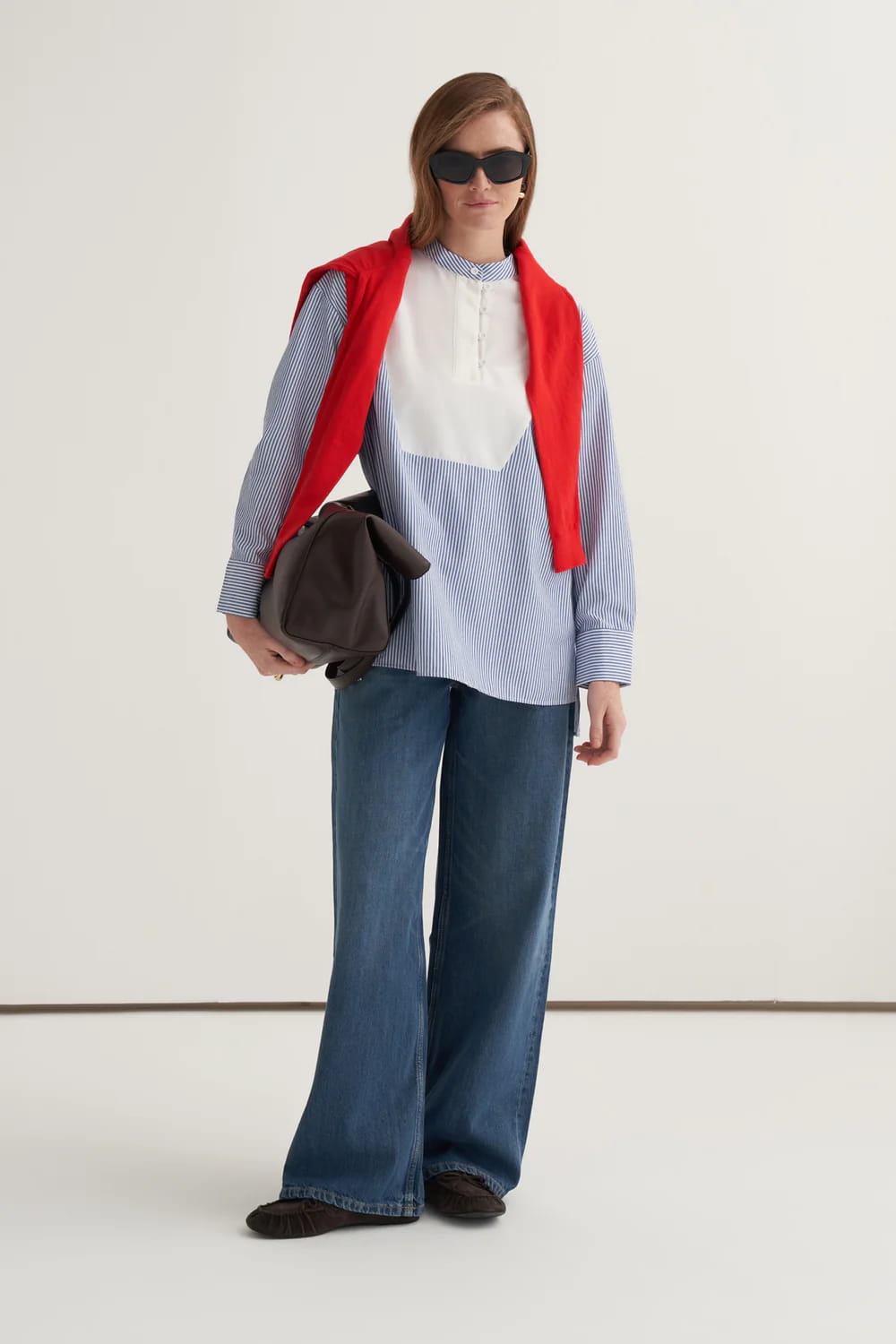 Dark blue striped high-neck detail shirt