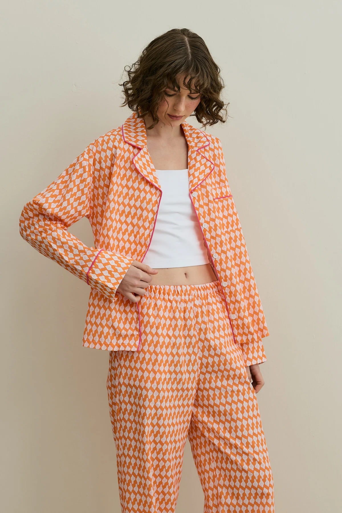 Orange Printed Pijama Suit