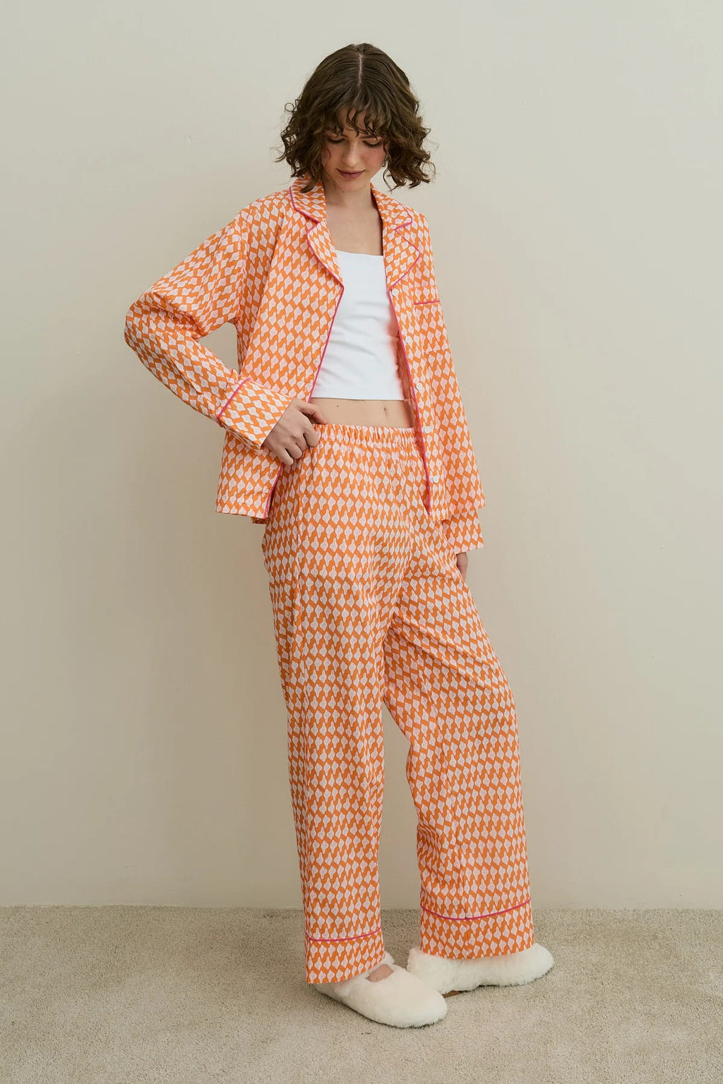 Orange Printed Pijama Suit