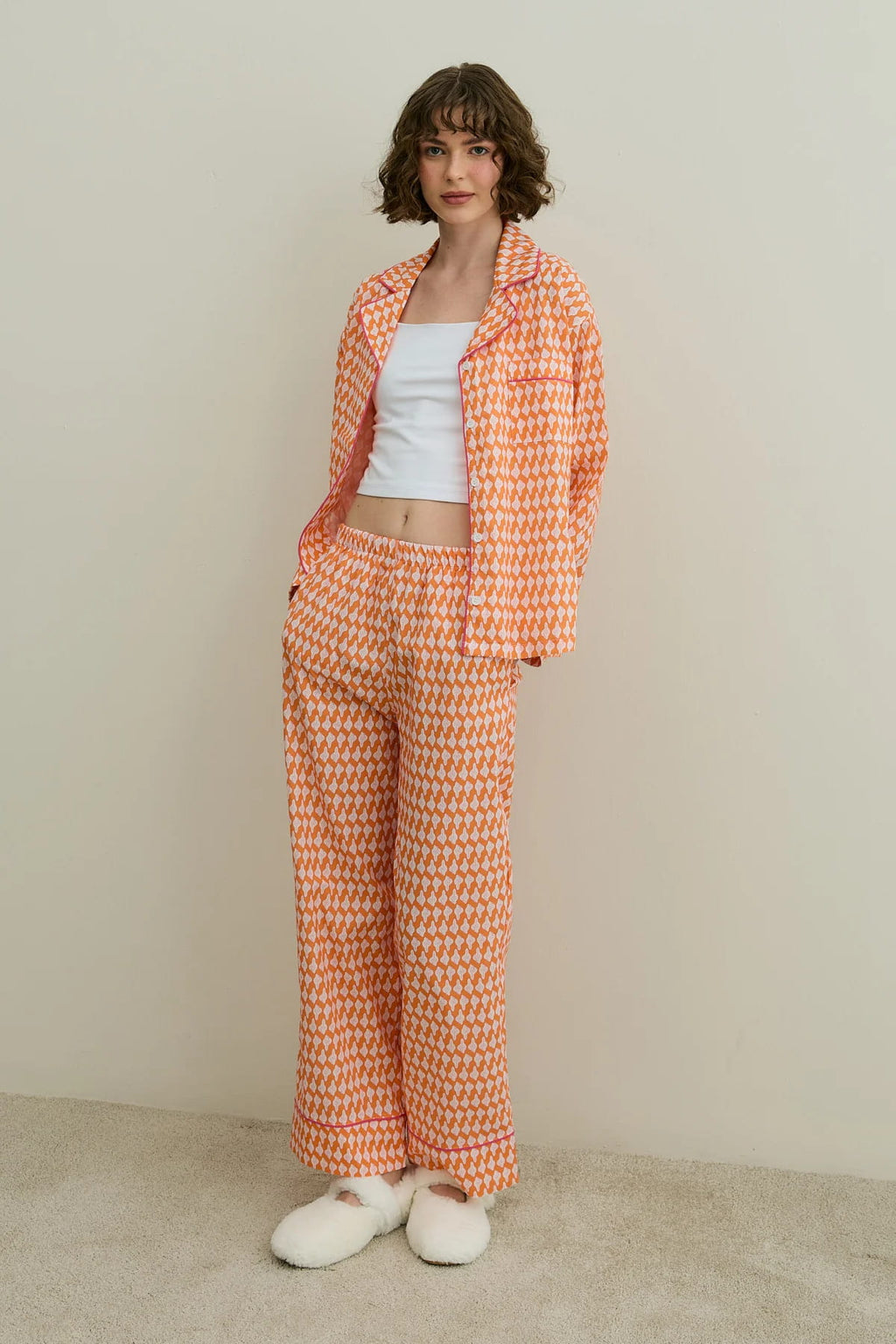 Orange Printed Pijama Suit
