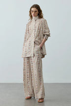 Cream Printed High Neck Suit