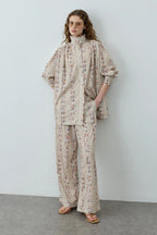 Cream Printed High Neck Suit