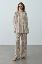 Cream Printed High Neck Suit