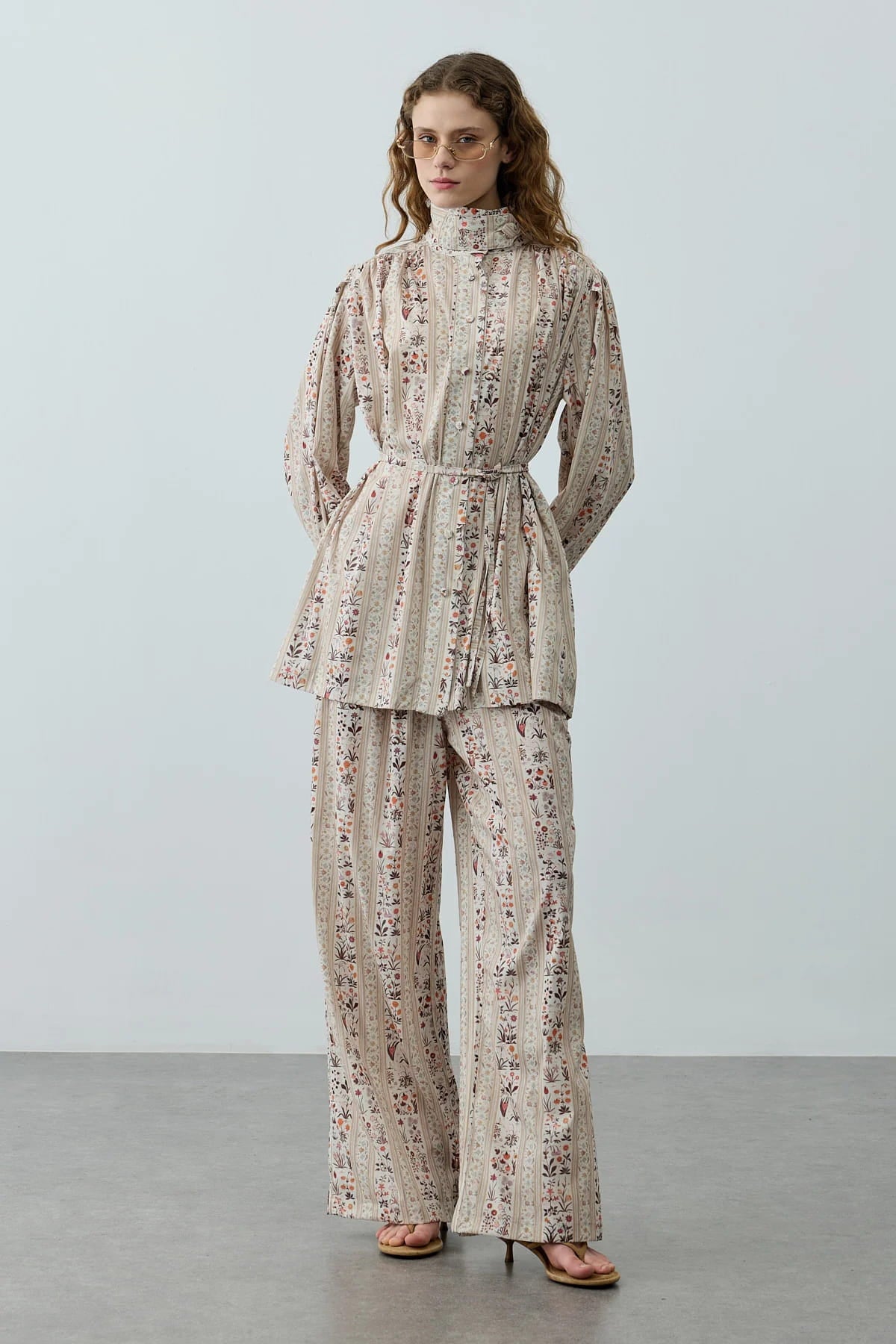 Cream Printed High Neck Suit