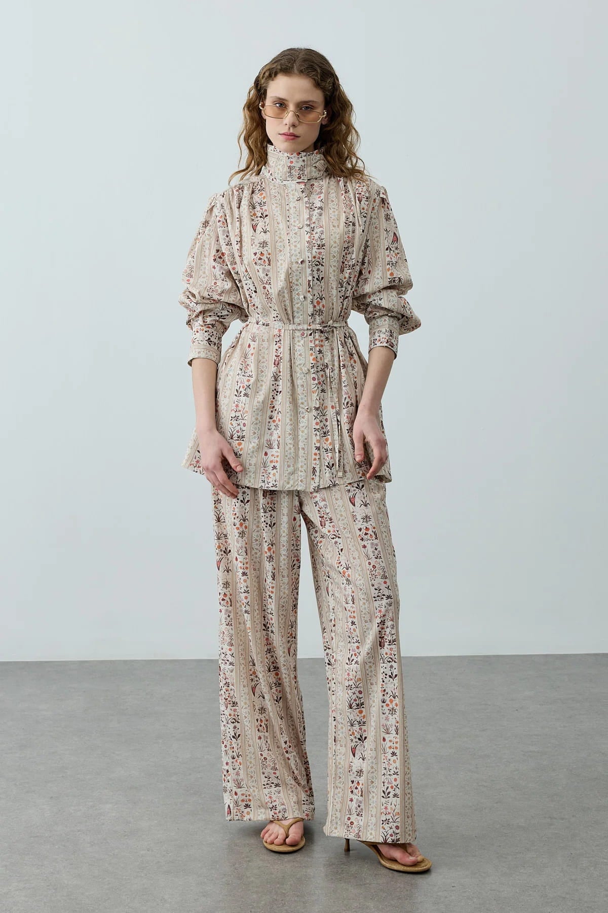 Cream Printed High Neck Suit