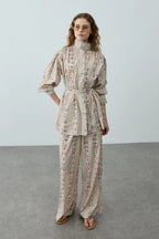 Cream Printed High Neck Suit