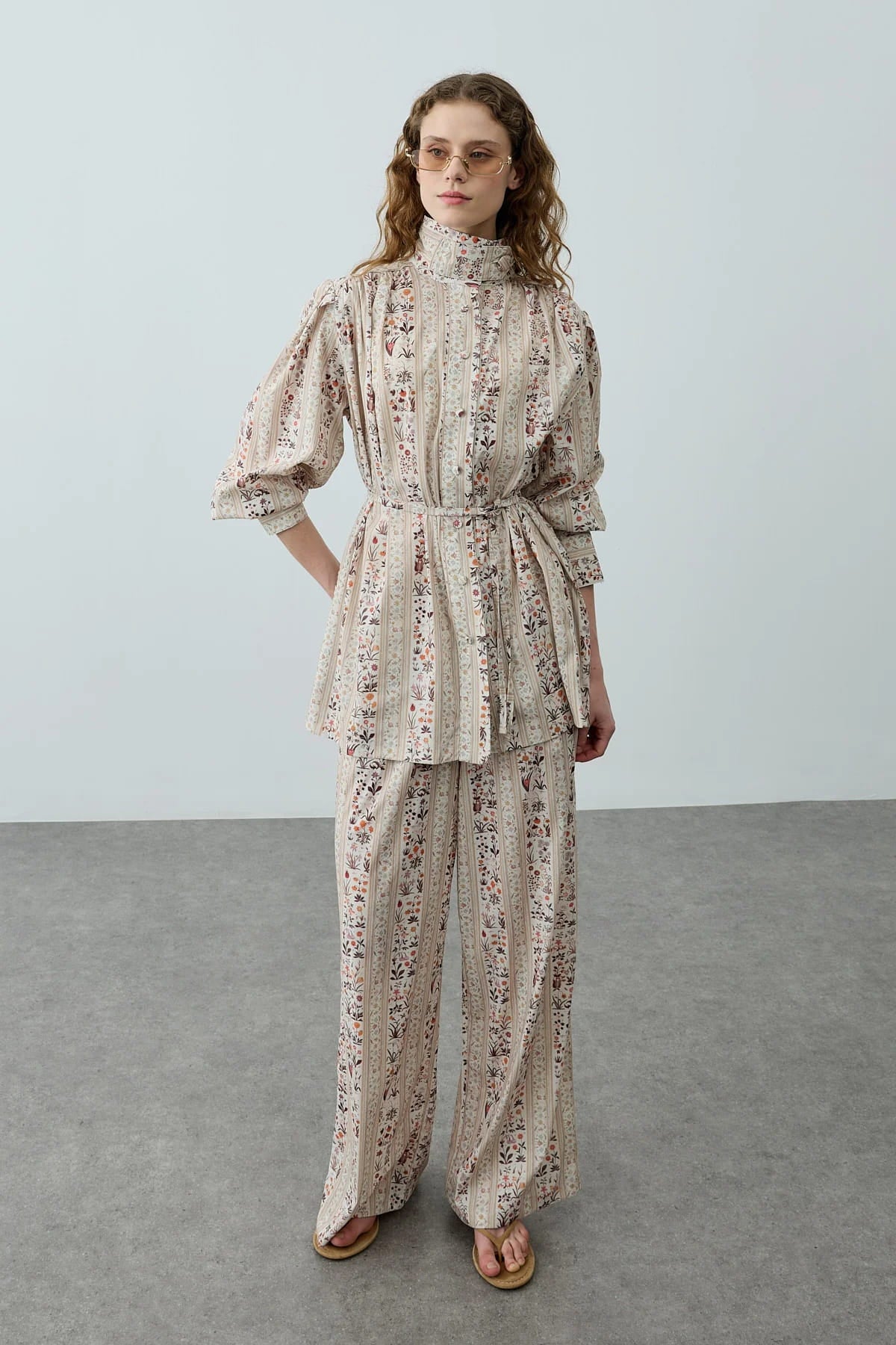 Cream Printed High Neck Suit