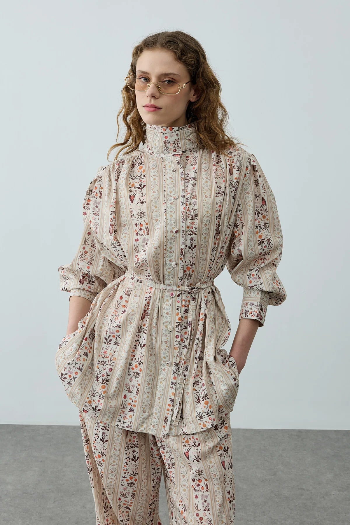Cream Printed High Neck Suit