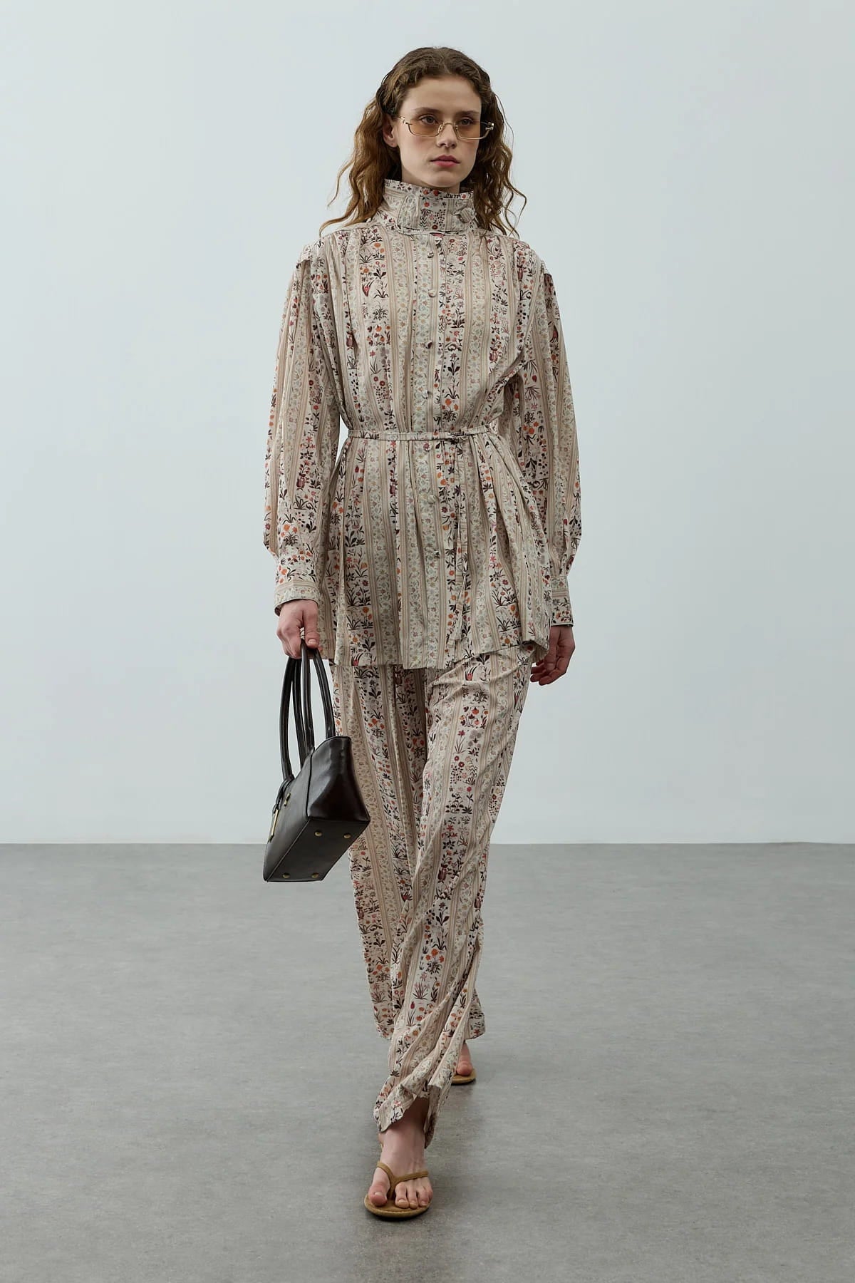 Cream Printed High Neck Suit