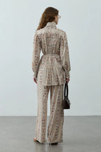 Cream Printed High Neck Suit