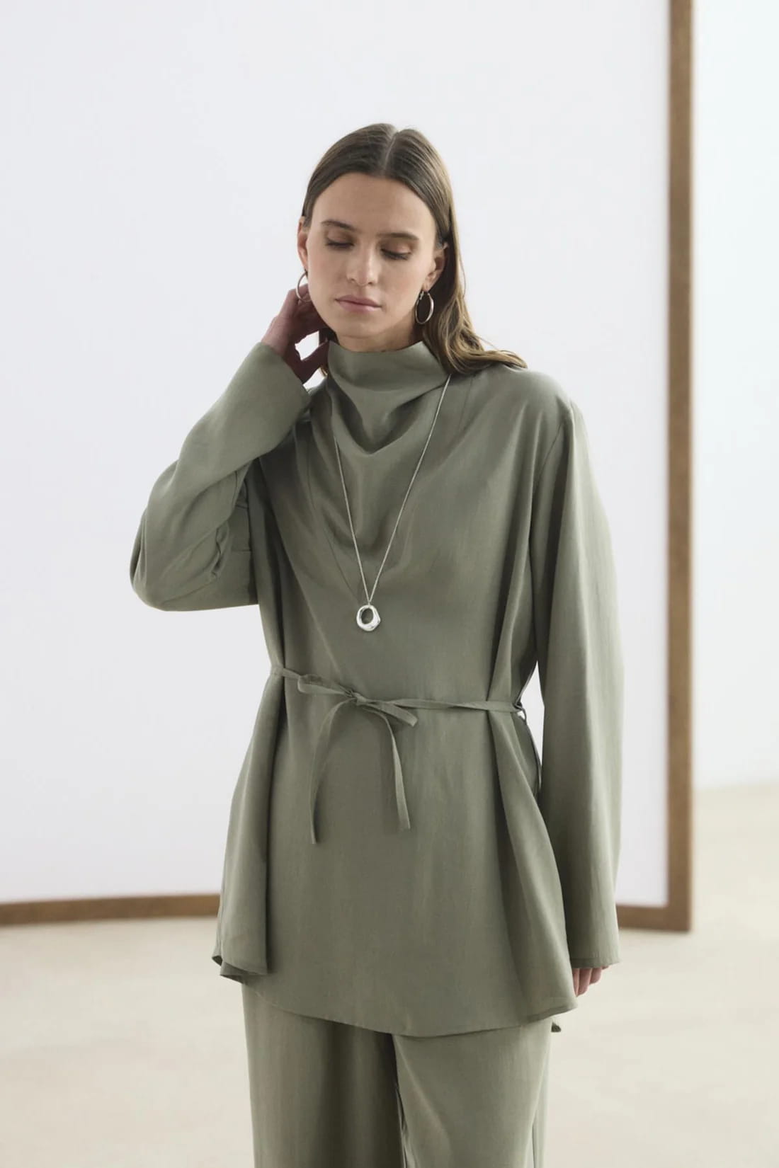 Sage draped collar tencel suit