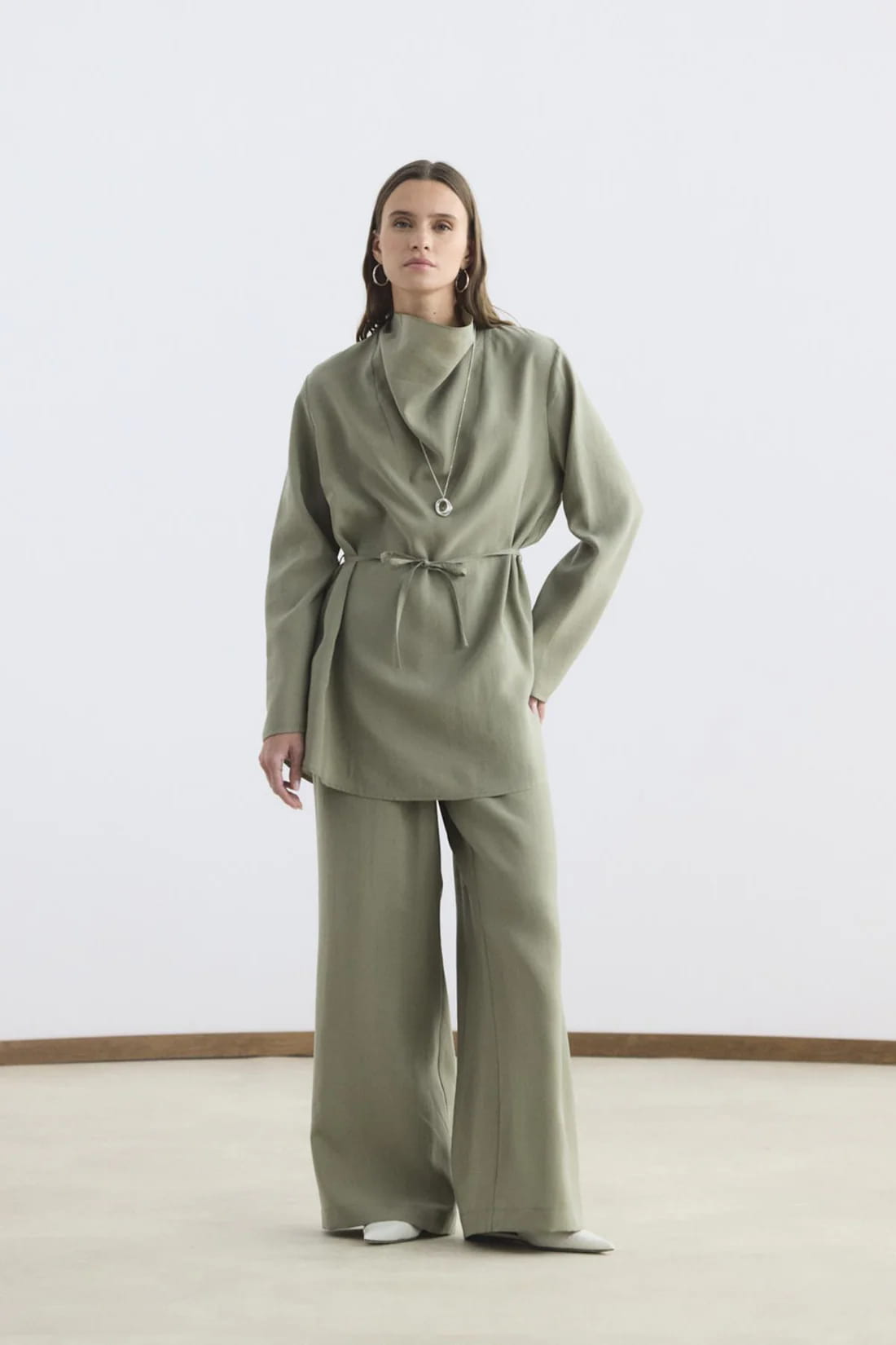 Sage draped collar tencel suit
