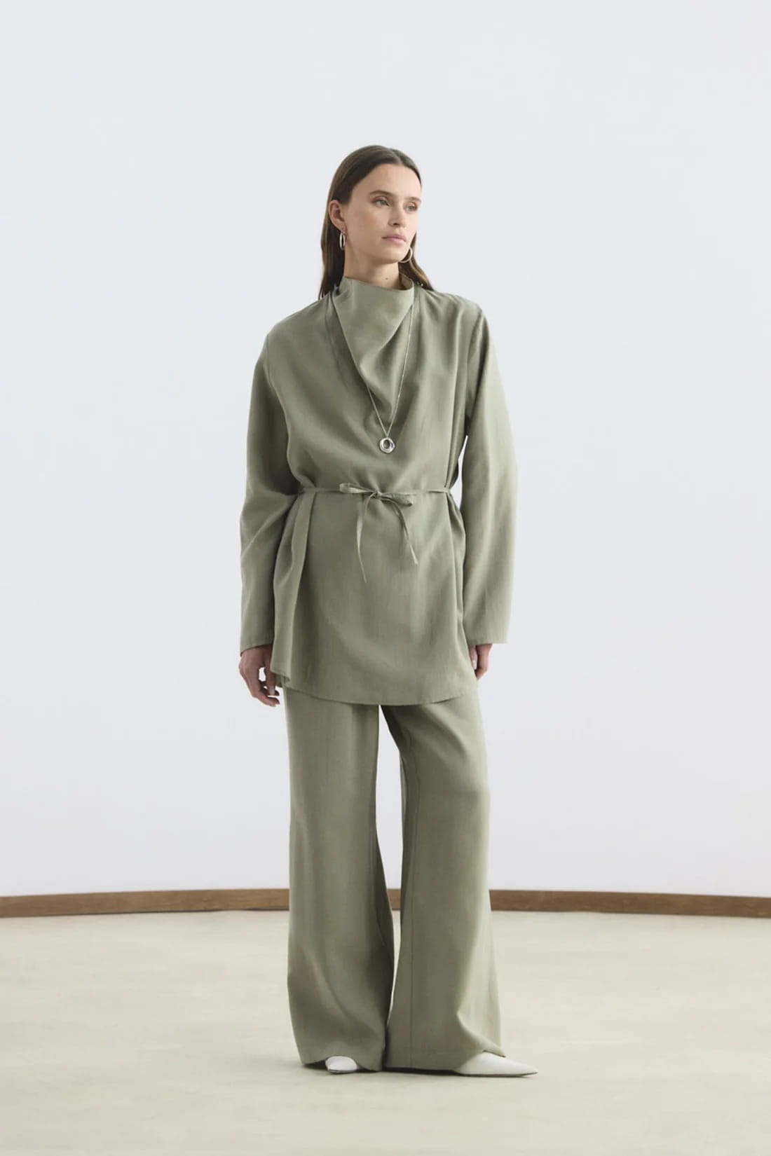 Sage draped collar tencel suit