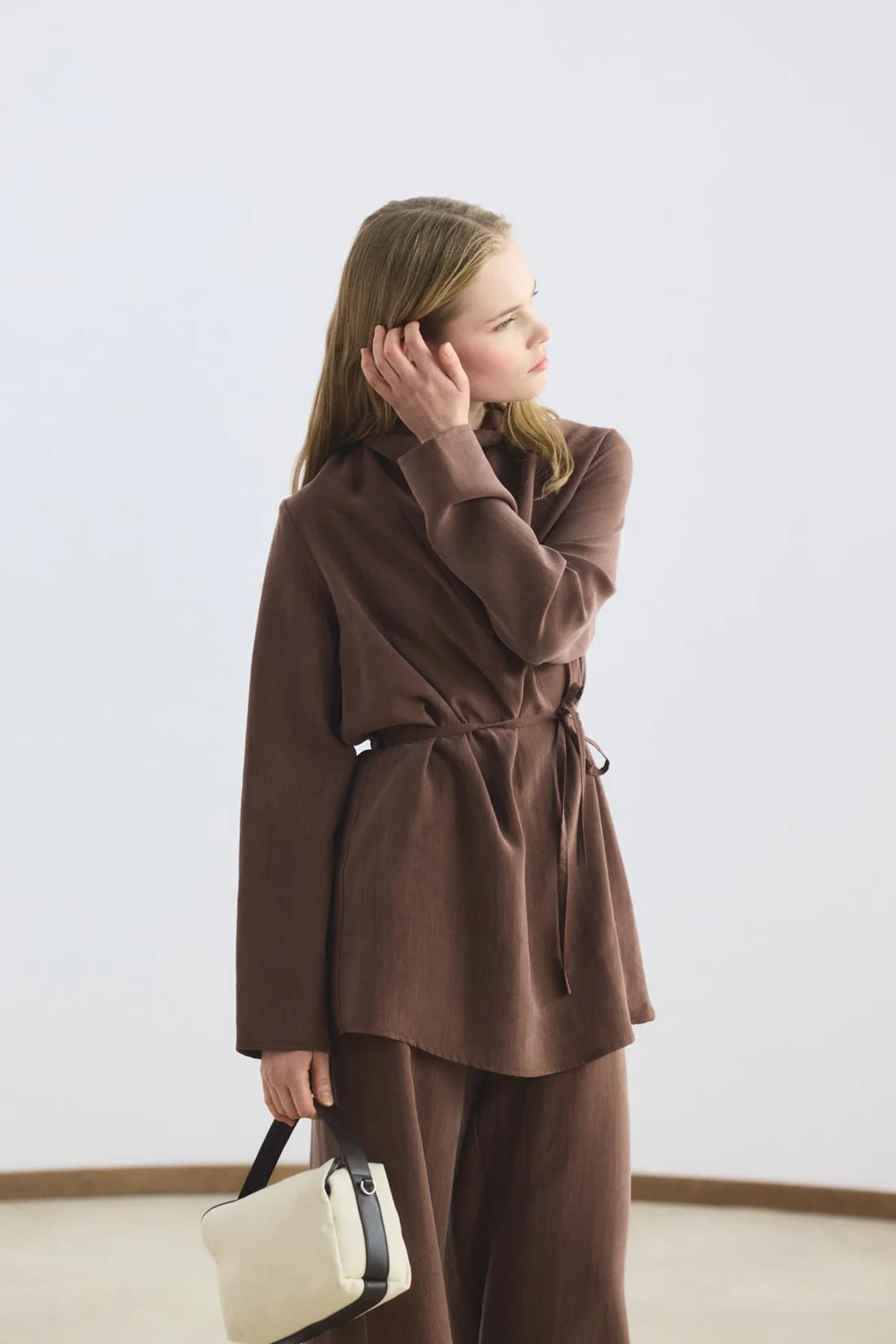Bitter brown draped collar tencel suit