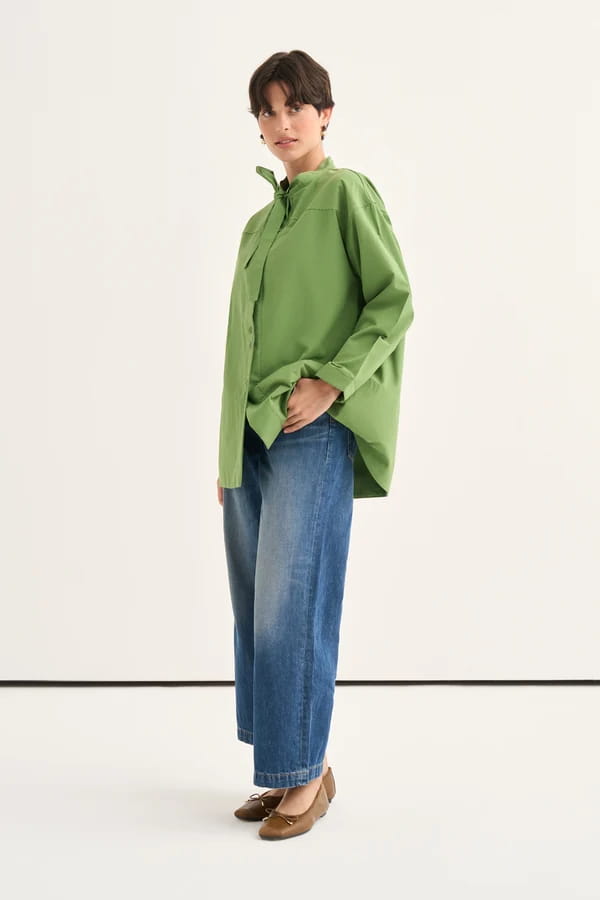 Green Tie Neck Poplin Shirt