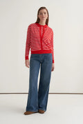 Ecru striped viscose knitwear t-shirt cardigan set