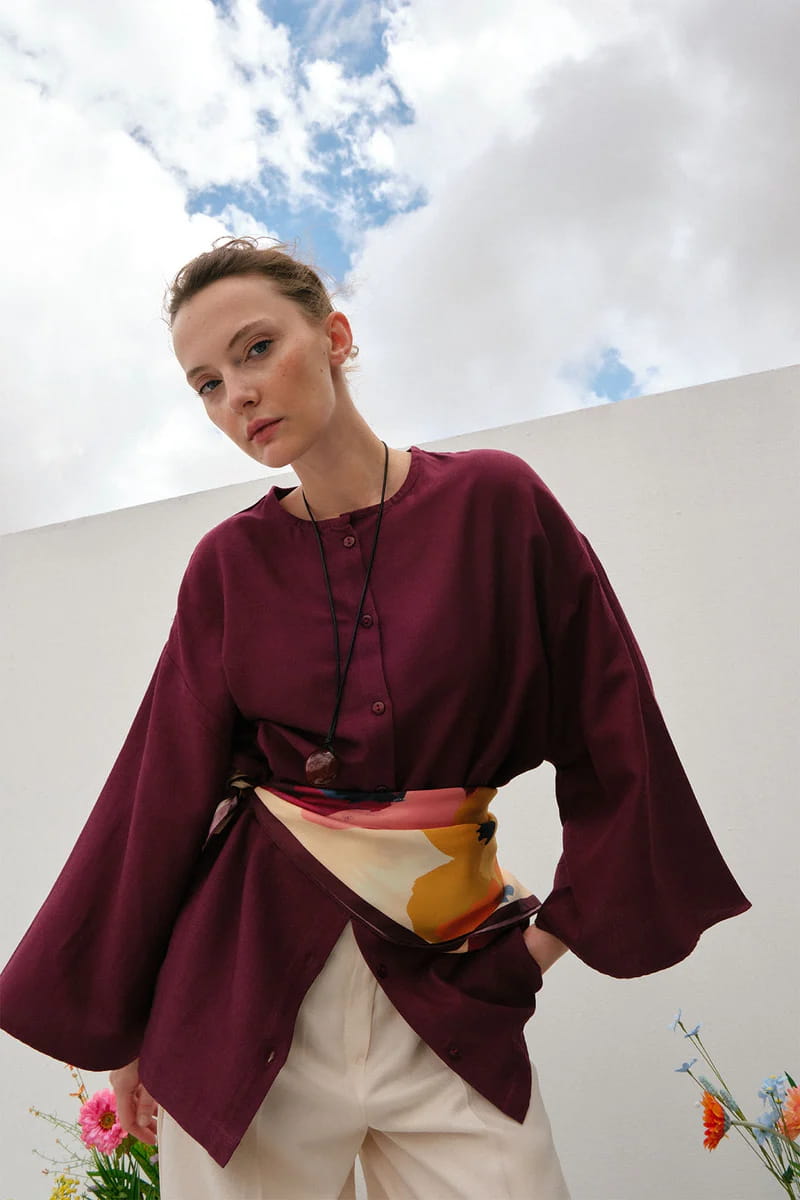 Burgundy draped cotton kimono shirt
