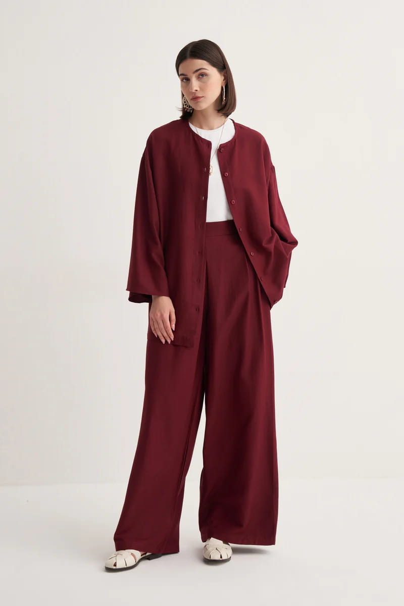 Burgundy draped cotton kimono shirt