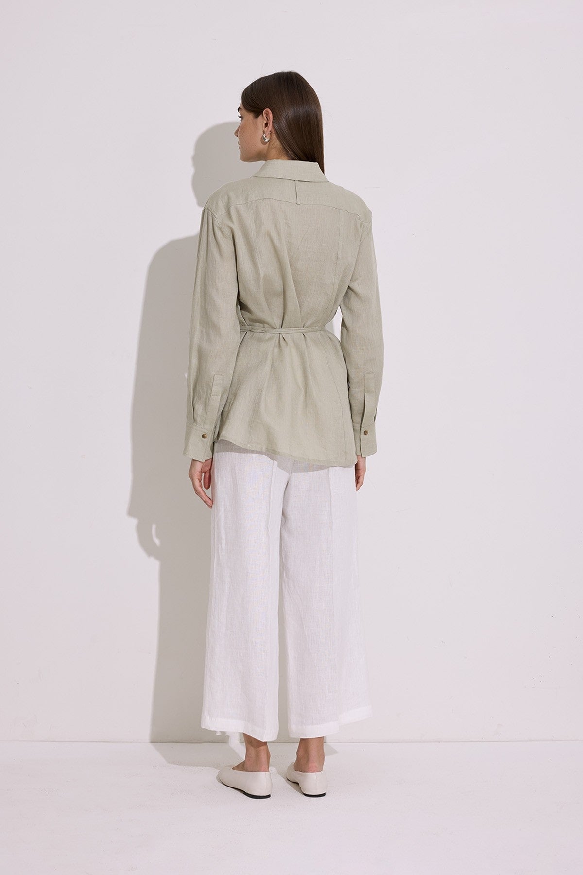 Green linen shirt with tie detail