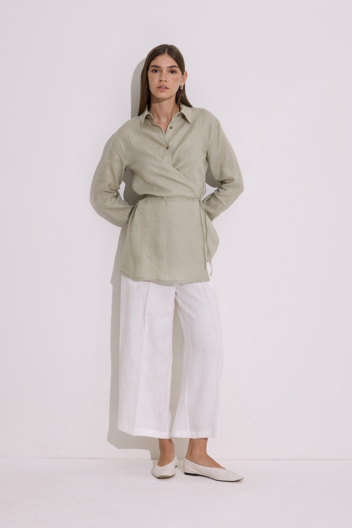 Green linen shirt with tie detail