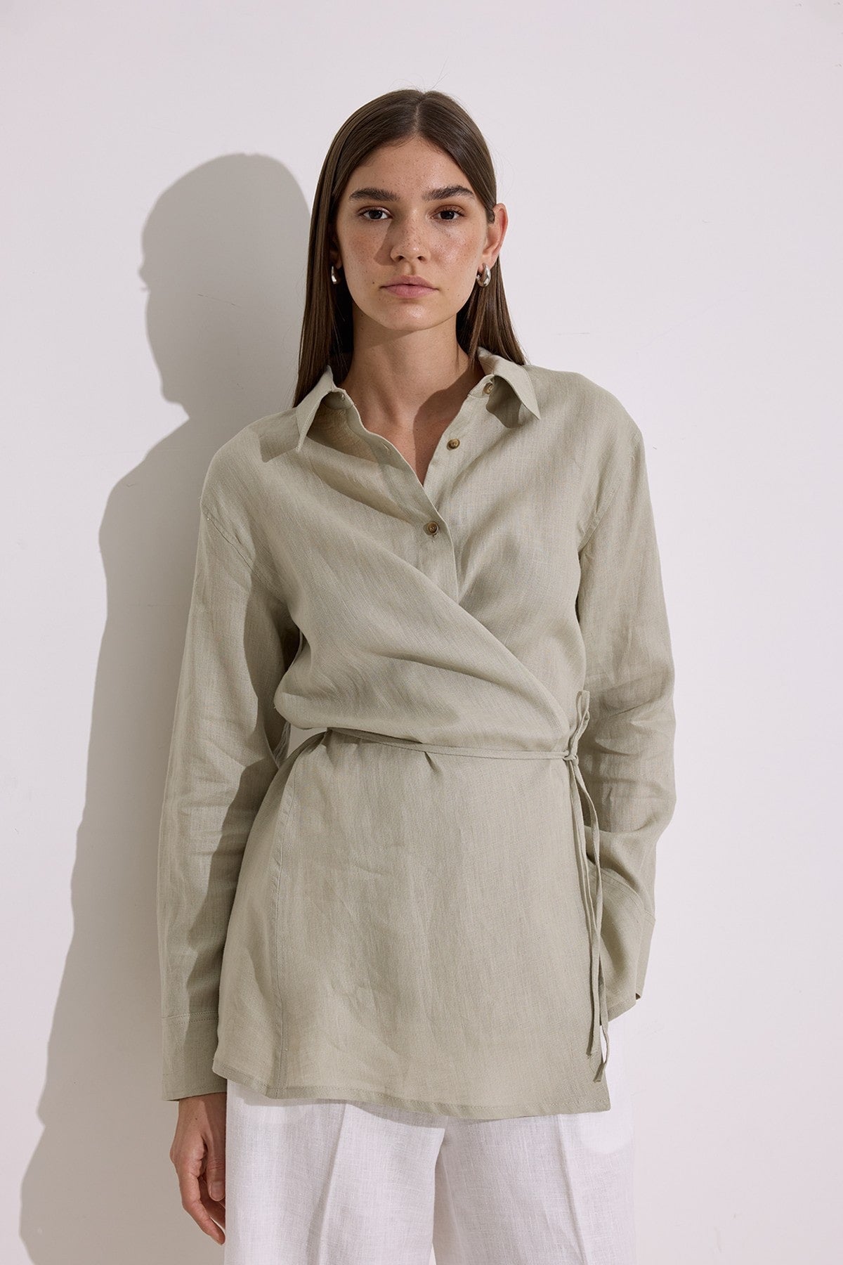 Green linen shirt with tie detail