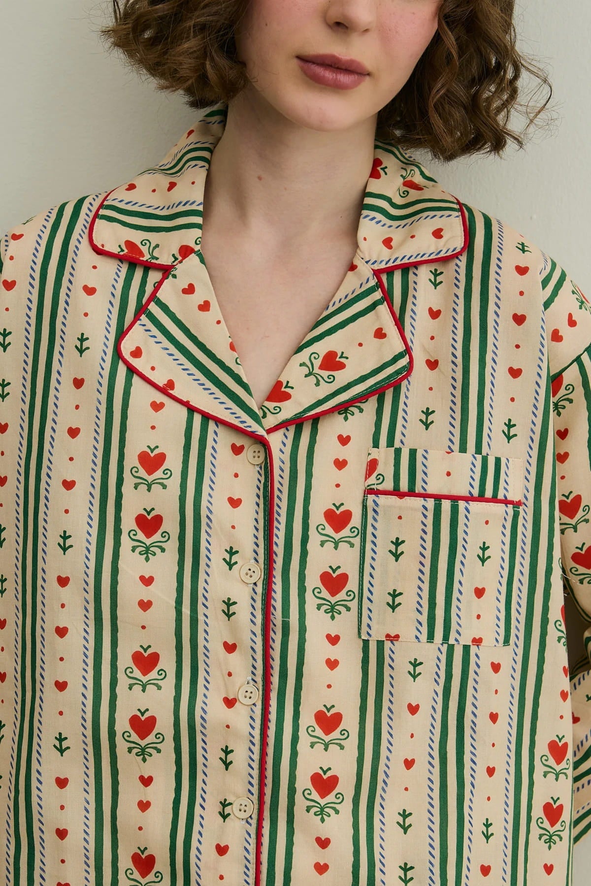 Beige Heart Print Pijama Suit