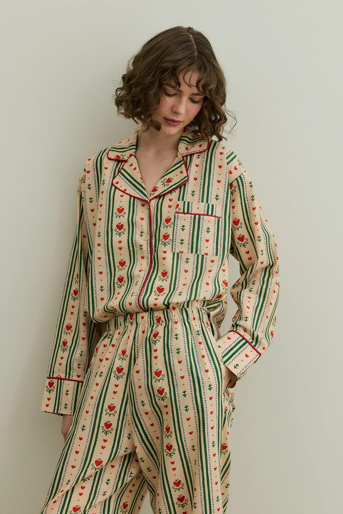 Beige Heart Print Pijama Suit