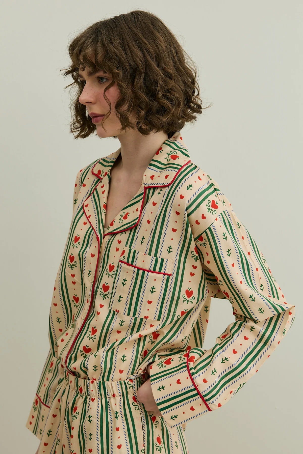 Beige Heart Print Pijama Suit