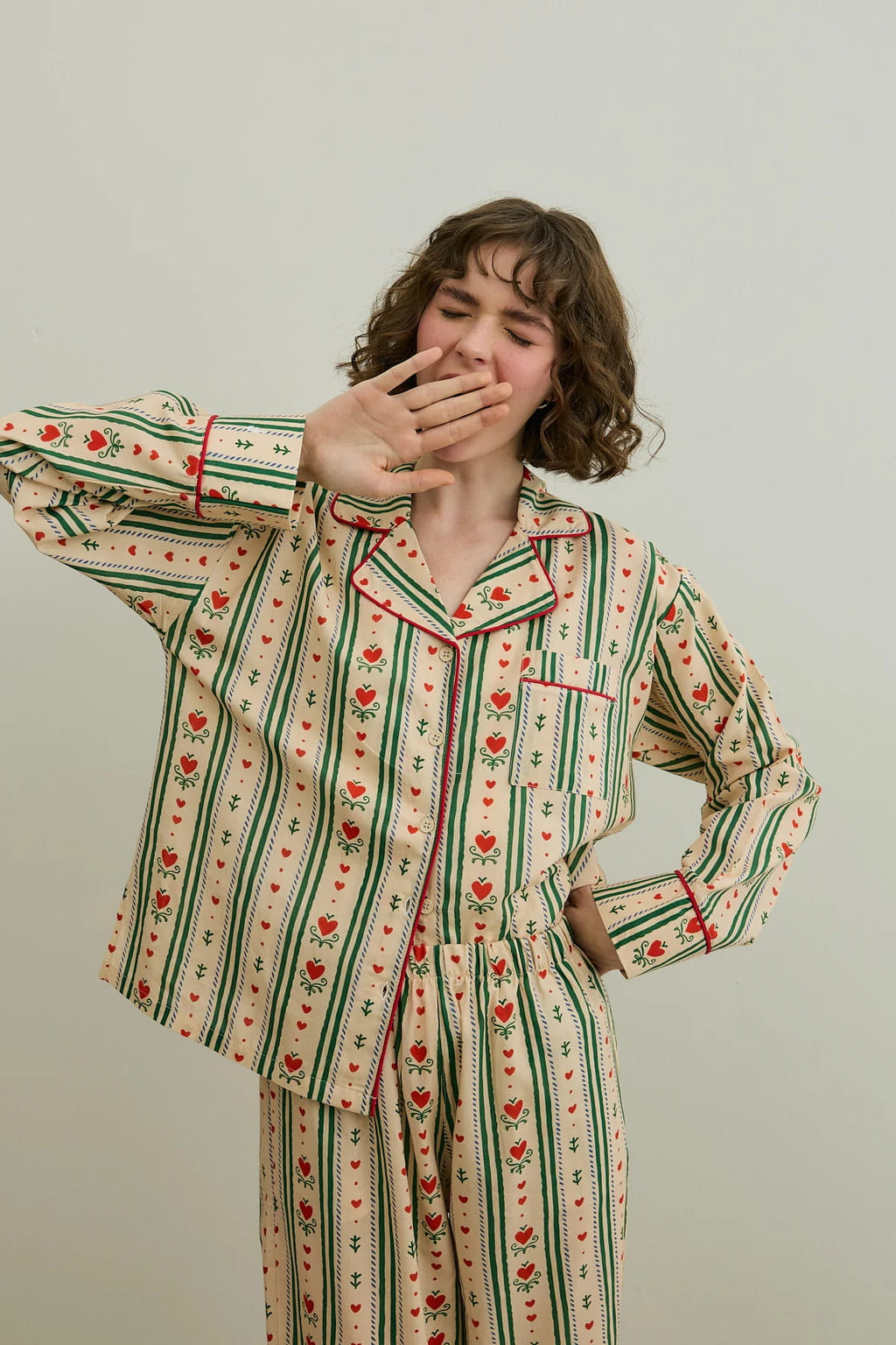Beige Heart Print Pijama Suit