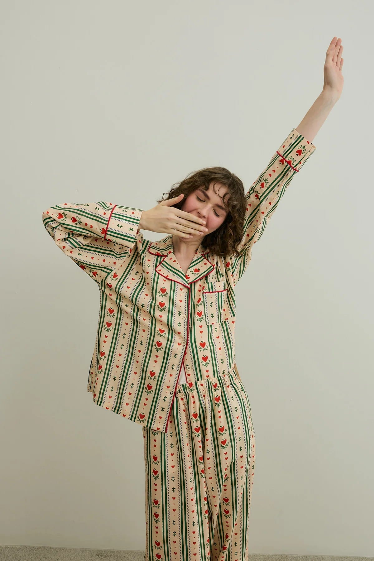 Beige Heart Print Pijama Suit