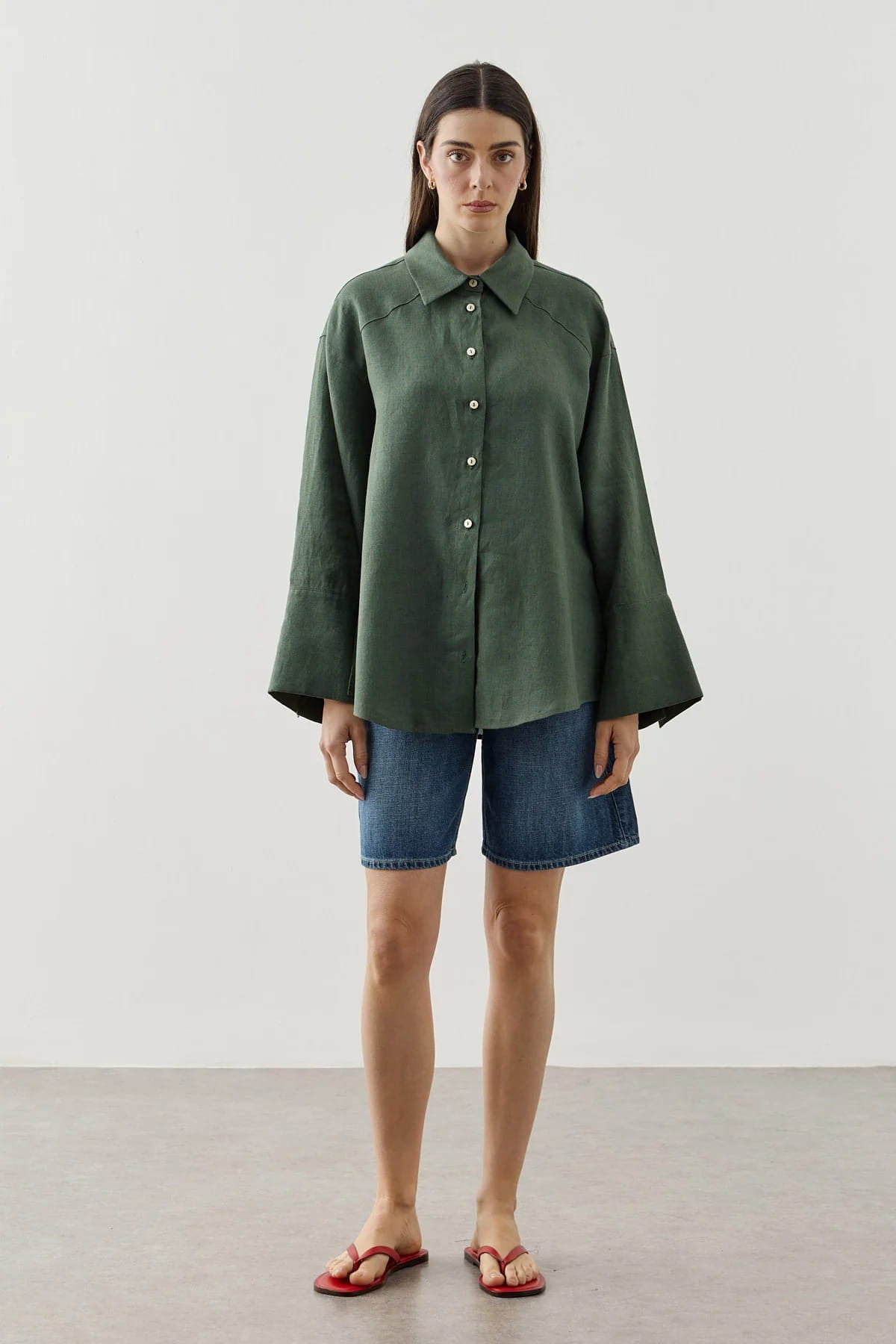 Dark Green Linen Cuff Shirt