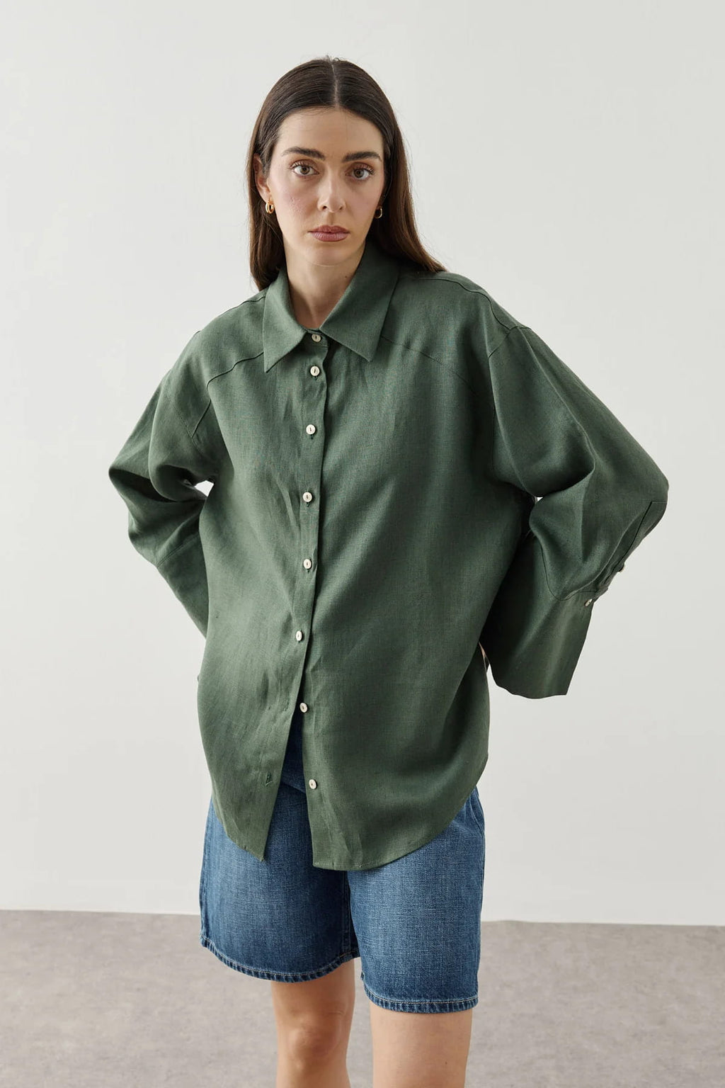 Dark Green Linen Cuff Shirt