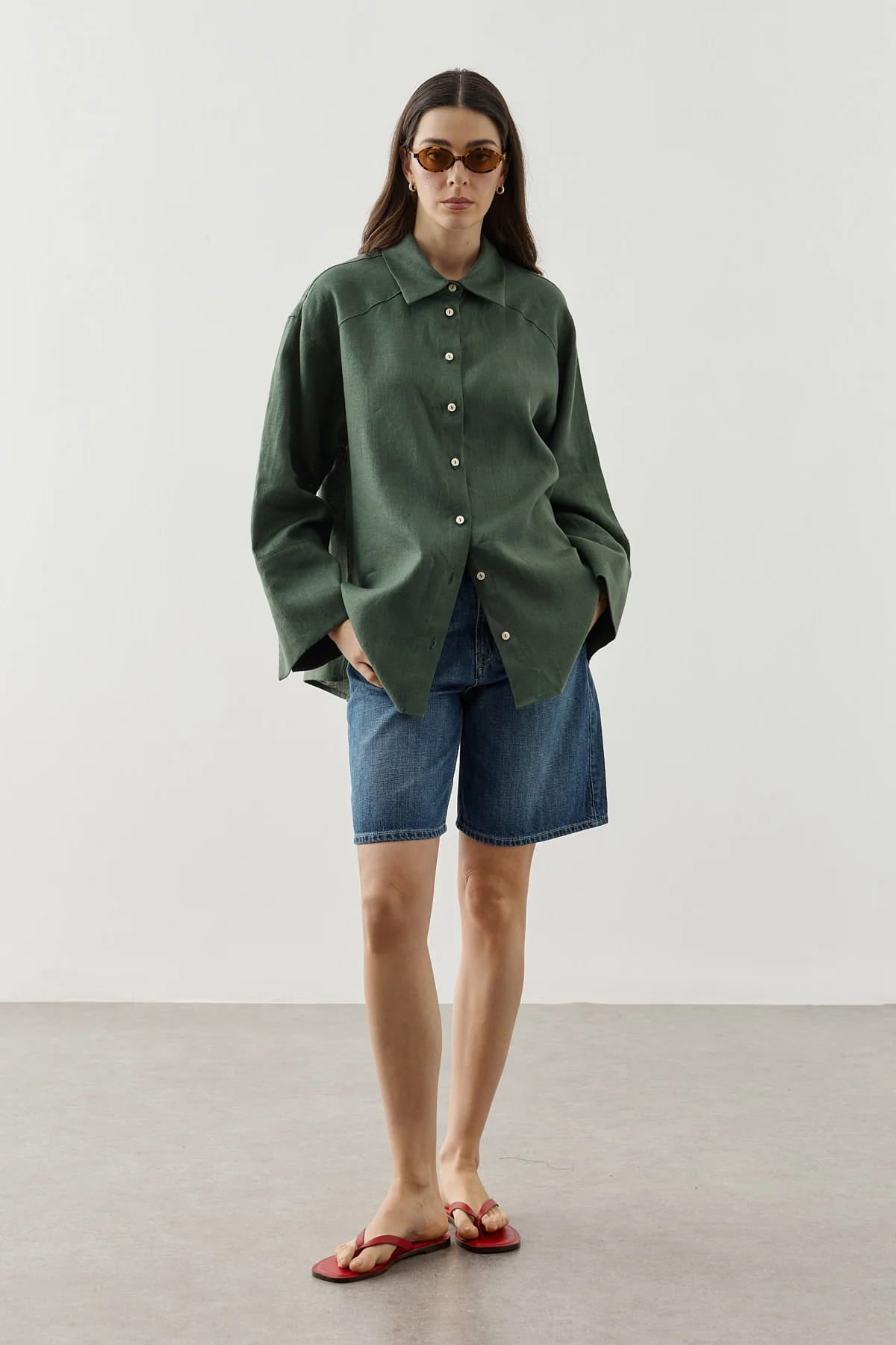 Dark Green Linen Cuff Shirt