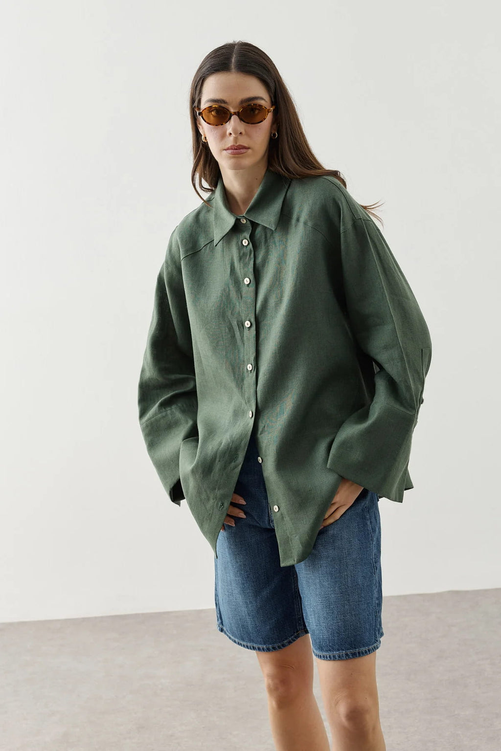 Dark Green Linen Cuff Shirt