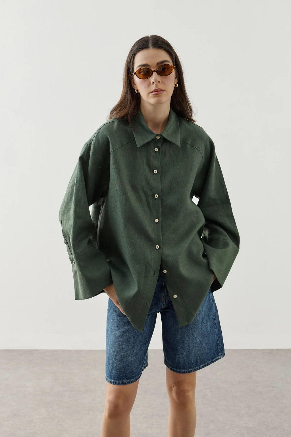 Dark Green Linen Cuff Shirt