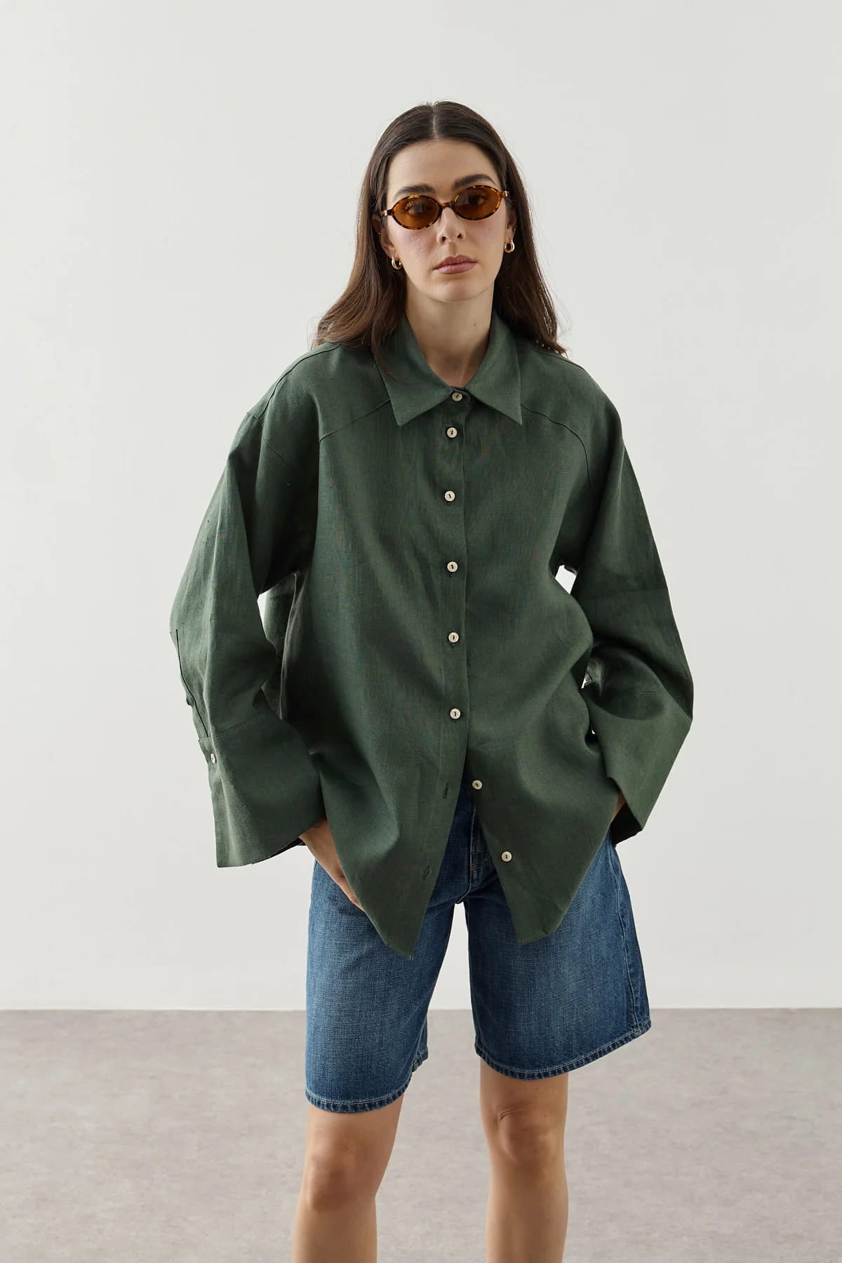 Dark Green Linen Cuff Shirt