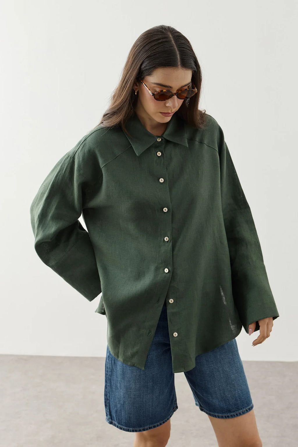 Dark Green Linen Cuff Shirt