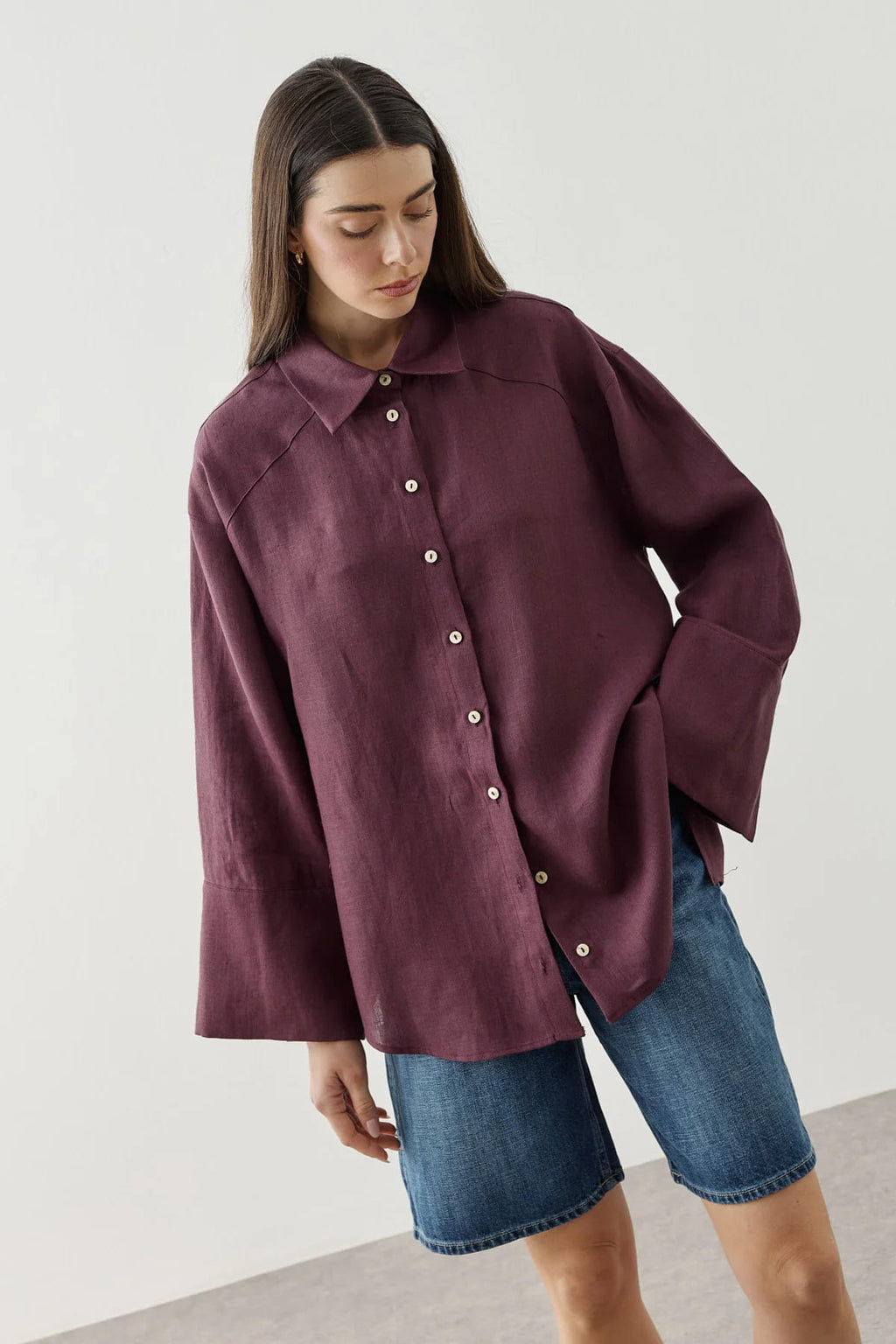 Plum Linen Cuff Shirt