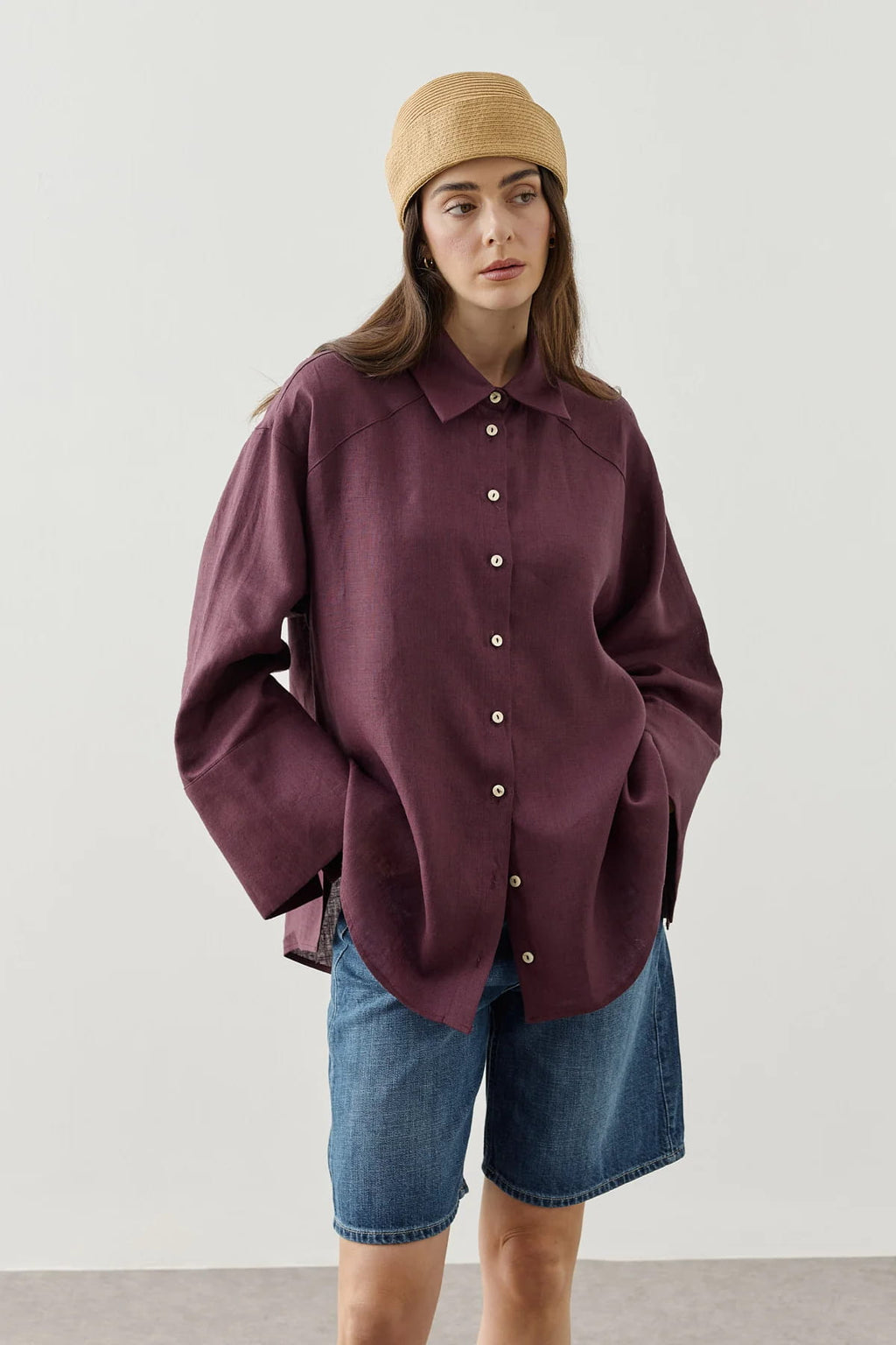 Plum Linen Cuff Shirt