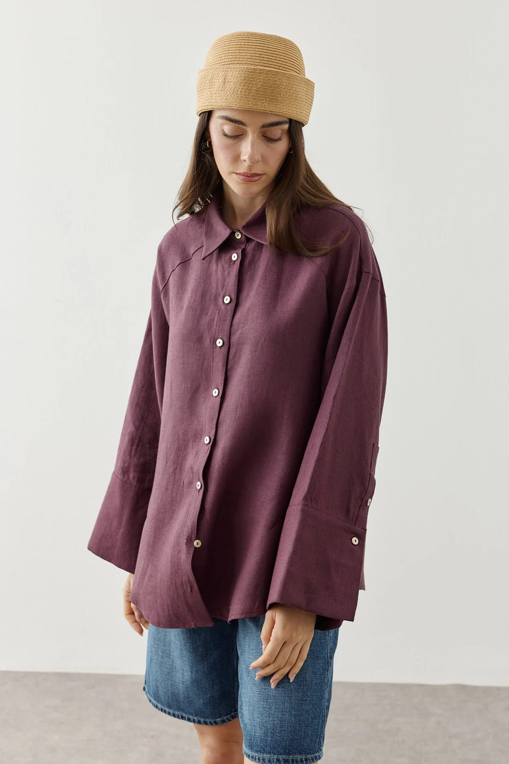 Plum Linen Cuff Shirt