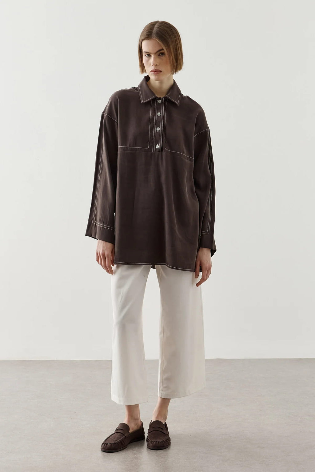 Brown Contrast Stitch Tencel Shirt