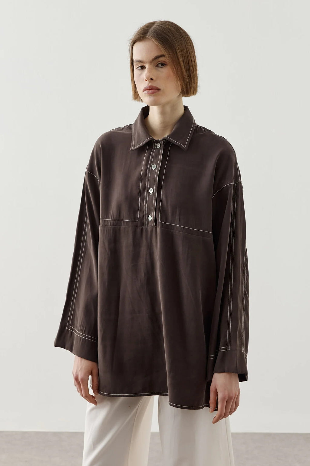 Brown Contrast Stitch Tencel Shirt