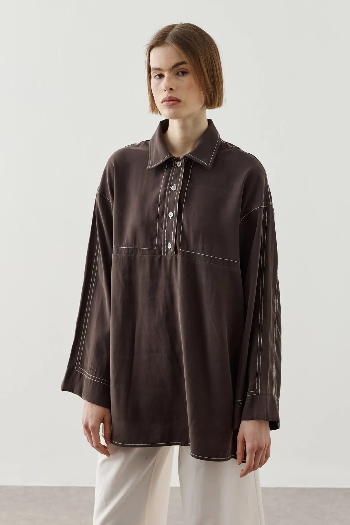 Brown Contrast Stitch Tencel Shirt