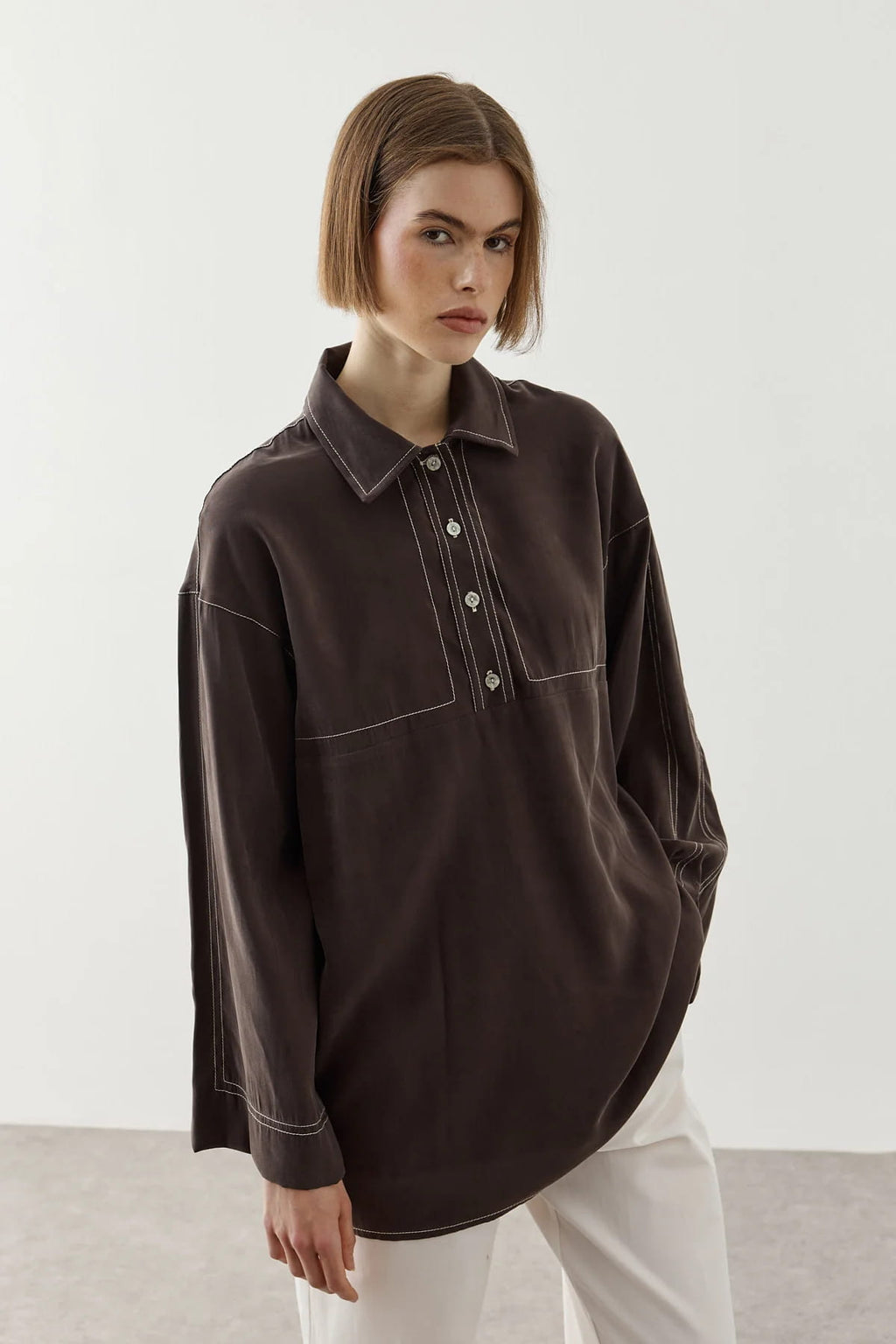 Brown Contrast Stitch Tencel Shirt