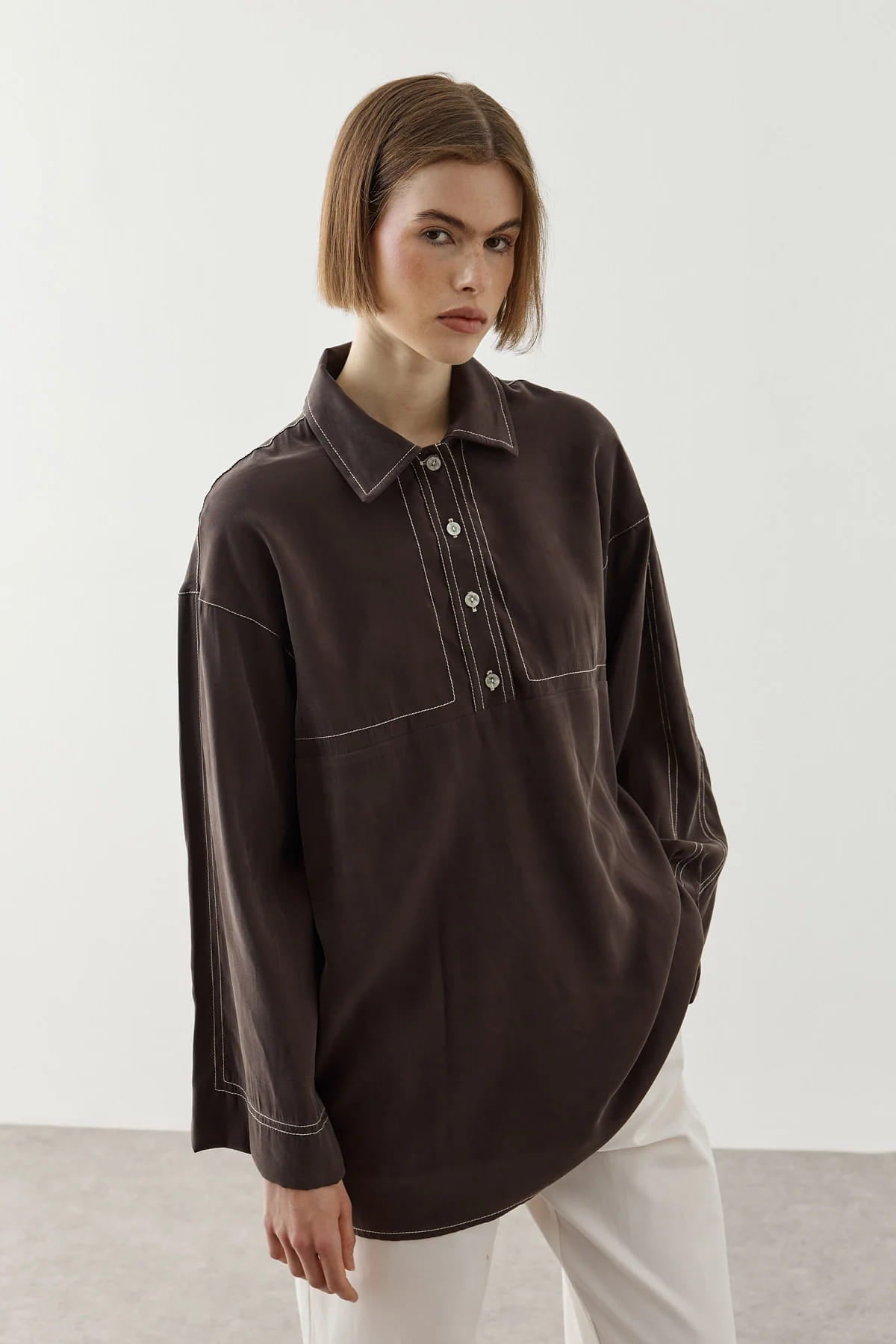 Brown Contrast Stitch Tencel Shirt