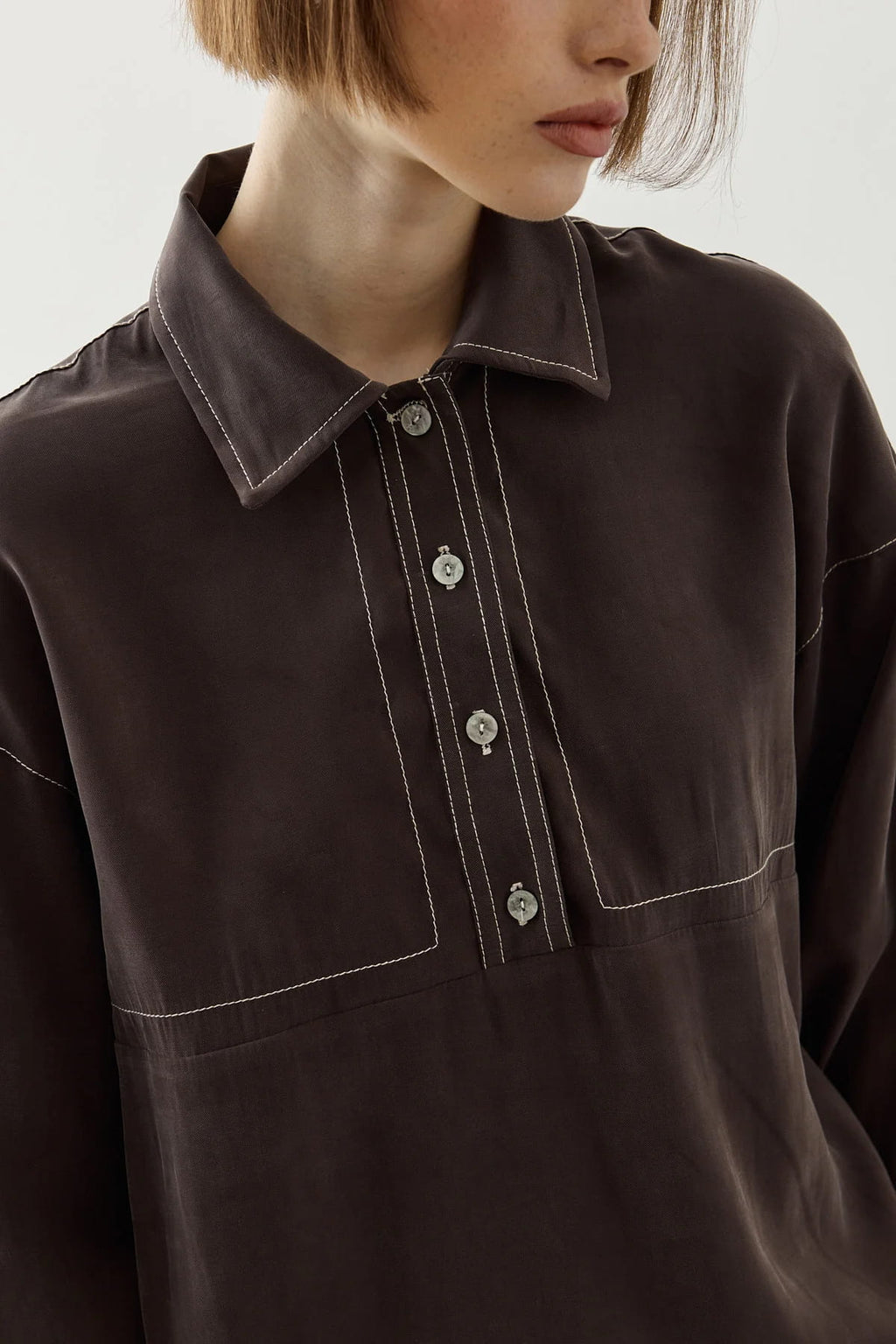 Brown Contrast Stitch Tencel Shirt