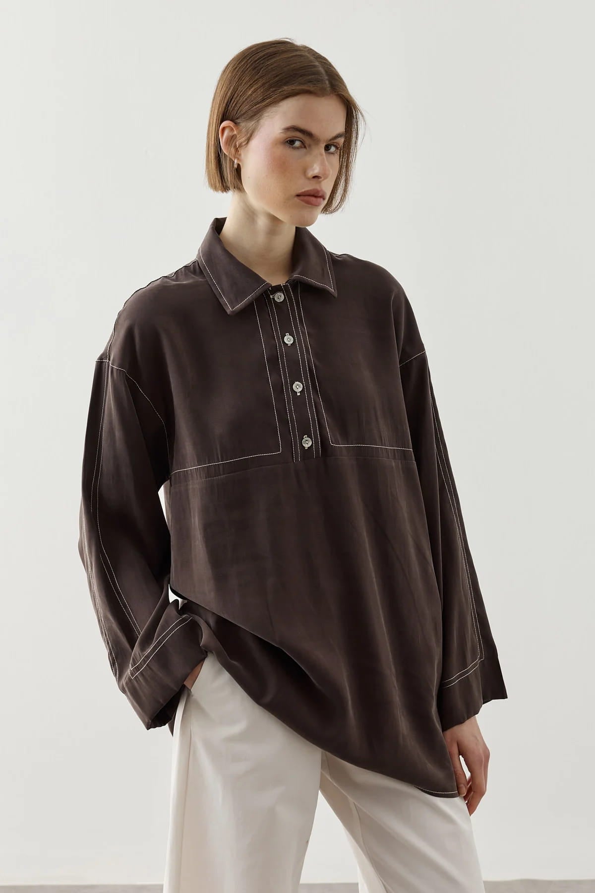 Brown Contrast Stitch Tencel Shirt