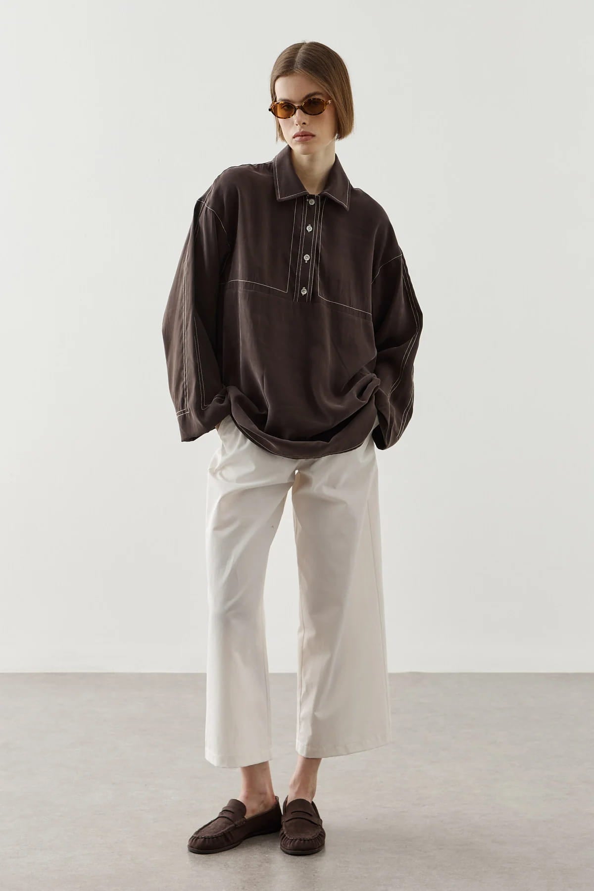 Brown Contrast Stitch Tencel Shirt