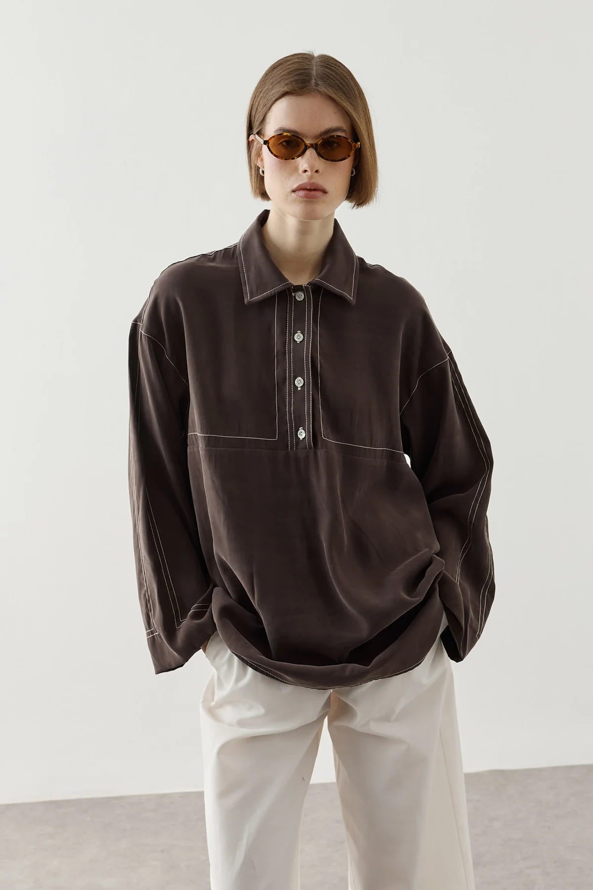 Brown Contrast Stitch Tencel Shirt