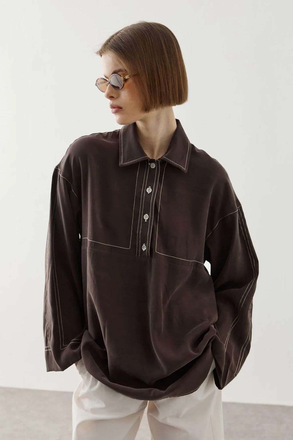 Brown Contrast Stitch Tencel Shirt